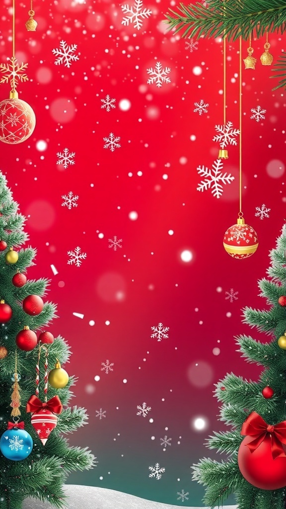A festive Christmas background with snowflakes, Christmas trees, and ornaments in red and green.